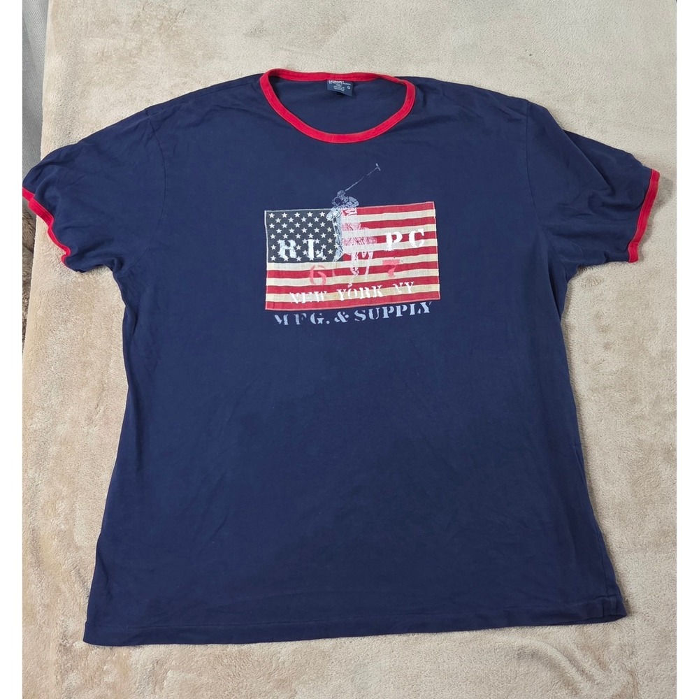 Polo Ralph Lauren RLPC T-Shirt Mens XL Navy Blue USA Flag New York Ringer Tee